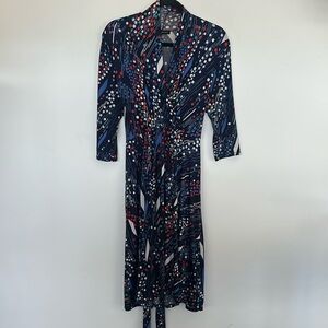 Audrey Whitmore Blue and White Wrap Midi Dress with V-Neck L/XL